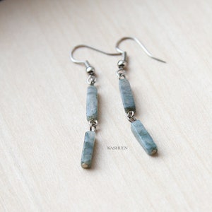 Green Aventurine Rectangle Rectangular Tube Natural Stone Gemstone Sterling Silver Dangle Dangling Earrings Simple Healing Christmas Gift