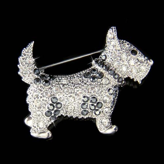 Broche Vintage Chien Scottish En Or Avec Cristaux - État Impeccable