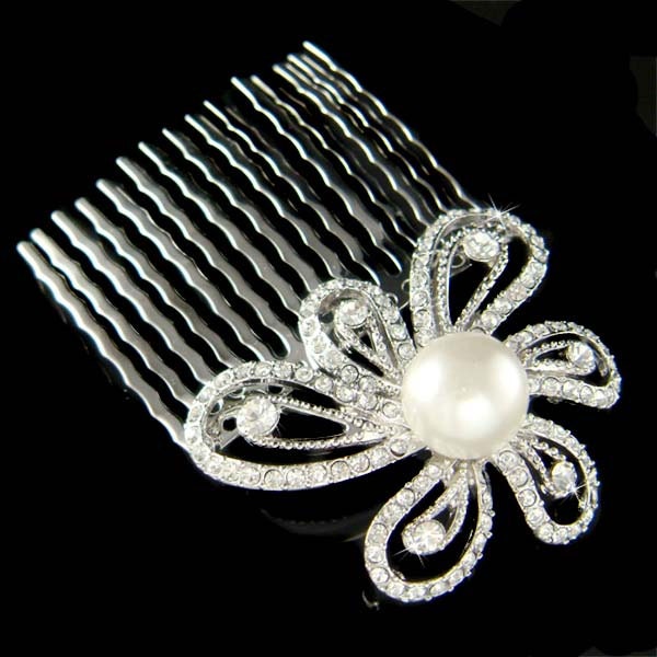 Flower hair comb wedding pearl swarovski diamond Diamond White Pearl & Swarovski Crystal & Bugle Bead Sheer  main image 2