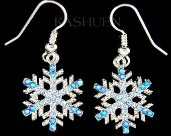 Swarovski Crystal Rhinestone Blue SNOWFLAKE Snow Flake Winter Holiday Christmas Dangle Pierced Earrings Jewelry Best Friend Gift New Bling