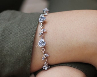 Swarovski Crystal Light Sapphire Blue Flower Floral Charm Pendant Chain Bracelet Christmas Best Friend Bridal Bridesmaid Jewelry Gift