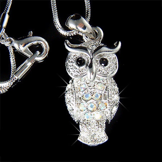Swarovski Crystal Black Guardians WISE OWL Hawk wisdom Bird Pendant Necklace