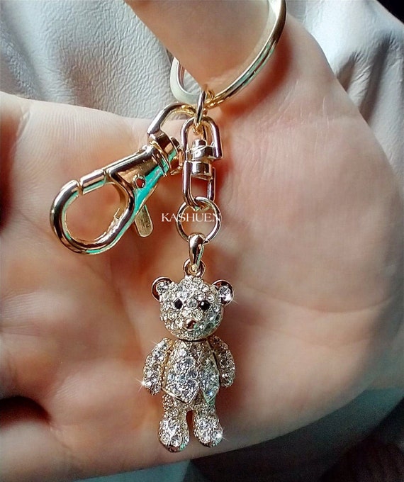 Teddy Bear Keychain Sparkle Black Rhinestones With Strap 3 D Charm Gift Clip