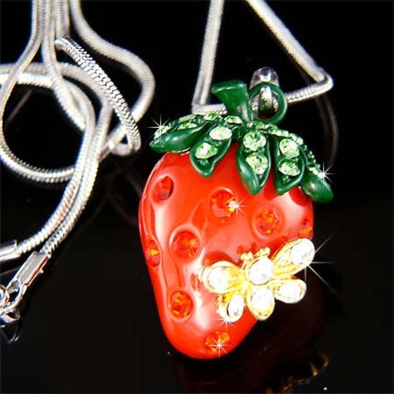 Swarovski Crystal 3D Juicy Red STRAWBERRY Fruit Bumble Bee Pendant