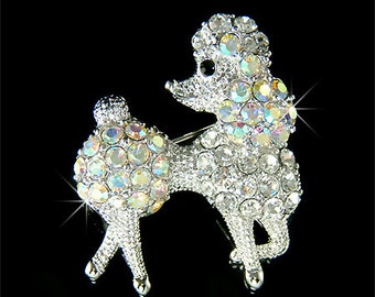 Swarovski Crystal AB French White POODLE DOG Puppy Pet Lover Animal Cute Pin Brooch Jewelry Mothers Day Christmas Best Friend Birthday Gift