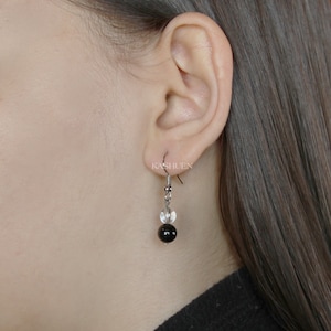 Black Onyx Clear Quartz White Yin Yang Natural Stone Gemstone Sterling Silver Dangle Dangling Earrings Simple Healing Christmas Gift New