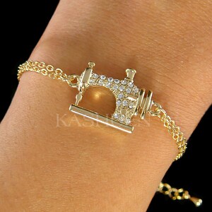 Swarovski Crystal Antique Vintage Look Singer Sewing Machine Sterling Silver Bracelet Jewelry quilter Dressmaker Seamstress Best Friend Gift Gold