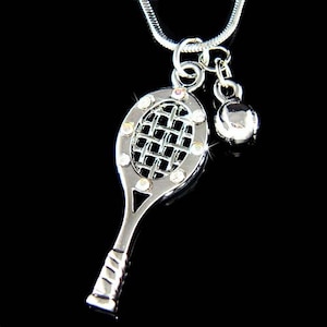 Dainty Swarovski Crystal Tennis Racket Racquet 3D Ball Charm Chain Sports Necklace Jewelry Jewellery Best Friend Birthday Christmas Gift New