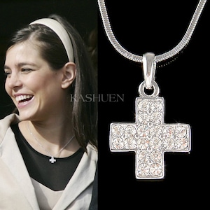 Swarovski Crystal Square Greek Cross Necklace Simple God Faith Lord&#39;s Prayer Jesus Christ Religious Jewelry Sister 30th 40th Birthday Gifts