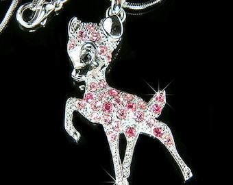 Swarovski Crystal Rose Pink Cute DEER Fawn Charm Pendant Chain Necklace, Christmas Best Friend 16th 18th 20th 30th 40 Birthday Gifts Jewelry