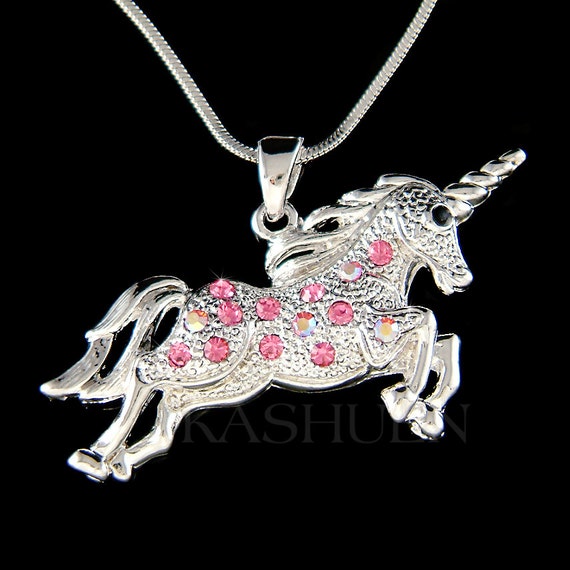 Swarovski Crystal Pink UNICORN Necklace Fairy Single Horn Magical