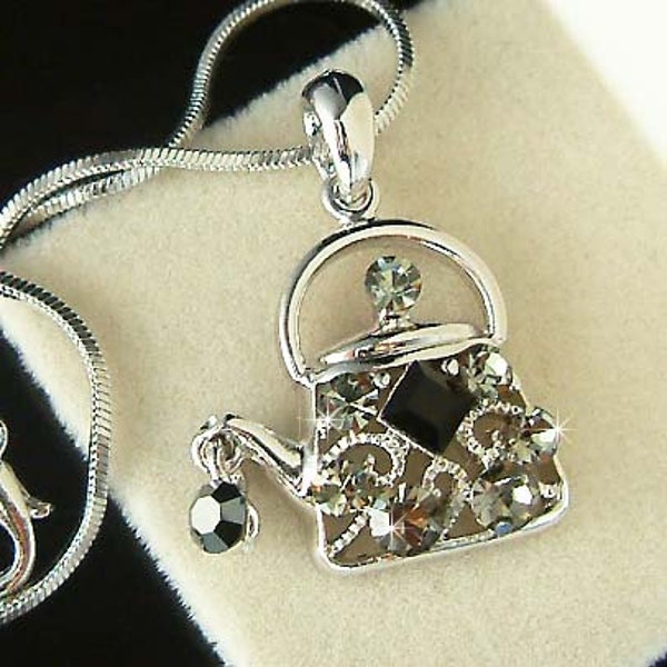 Swarovski Crystal Black Teapot Necklace TEA Party Jewelry Pot Kettle Tea Time Christmas 60th 70th 80 Birthday Gifts European Bracelet Charm