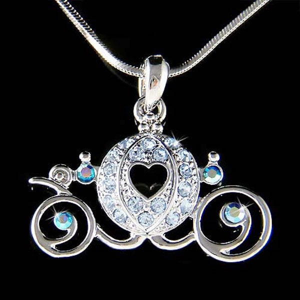 Something Blue Pumpkin Carriage Swarovski Crystal Pendant Chain Necklace, Fantasy Princess Bridal Wedding Quinceañera Jewelry Birthday Gifts