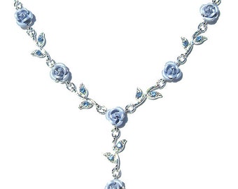 Swarovski Crystal Baby Blue Rose Flower Floral Charm Pendant Chain Necklace Christmas Best Friend Bridal Bridesmaid Jewelry Gift