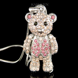 Swarovski Crystal Pink 3D Big Movable Cuddly Teddy Bear Cute Charm Daughter Necklace Jewelry Teens Teenager Girls Woman Christmas BFF Gift