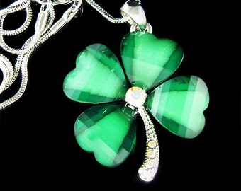 Swarovski Crystal Irish Saint Patrick's Paddy's Day Lucky Four Leaf CLOVER SHAMROCK Pendant Charm Chain Necklace Jewelry Jewellery New Gift