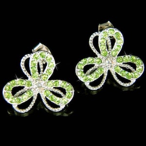 Swarovski Crystal Green Cutout 3 Three Leaf CLOVER Irish St Saint Patrick&#39;s Day Patty&#39;s Lucky SHAMROCK Stud Earrings Ireland Christmas Gift