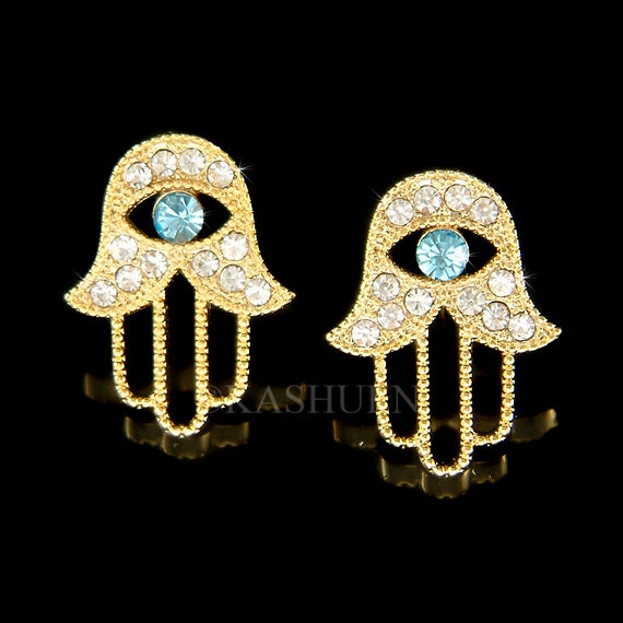 Swarovski Crystal Jewish Hamsa Hamesh Fatima Hand Aqua Blue Evil