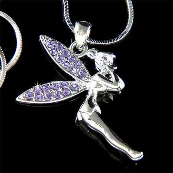 Swarovski Crystal Purple Fairy Angel Wings Charm Necklace Magic