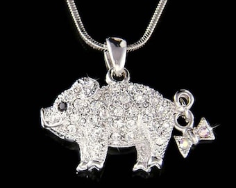 Swarovski Crystal Cute Pig Necklace, Piggy Lover Charm Piglet Bow Pendant Chain Christmas Best Friend 16th 18th 20th 30th Birthday Gifts New