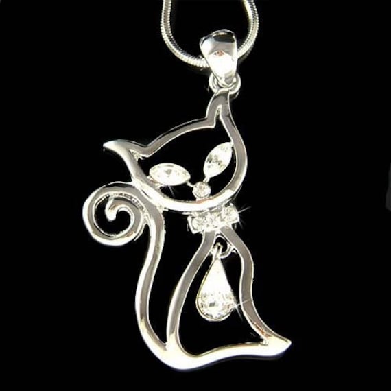 Swarovski Crystal Pussy Cat Bow Tie Kitten Kitty Necklace Pet Fun