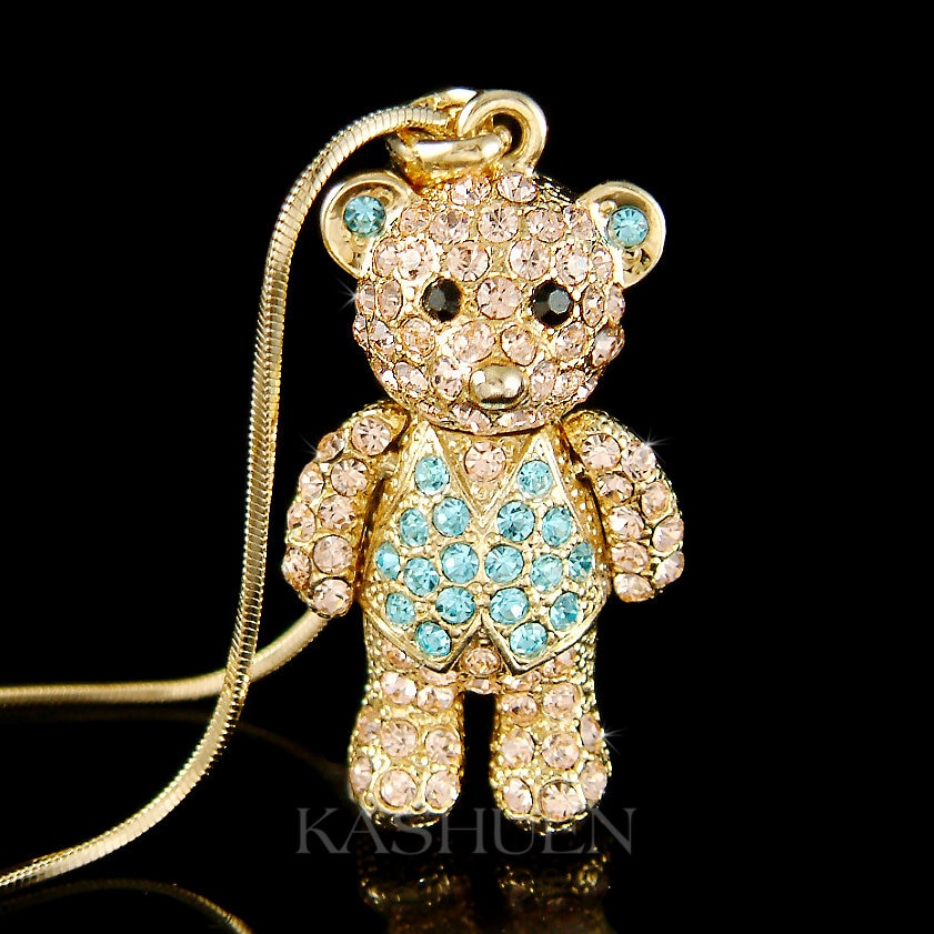 Swarovski Crystal 3D Big Movable Cuddly Teddy Bear Cute Charm Daughter Gold Necklace Jewelry Teens Teenager Girls Christmas Best Friend Gift