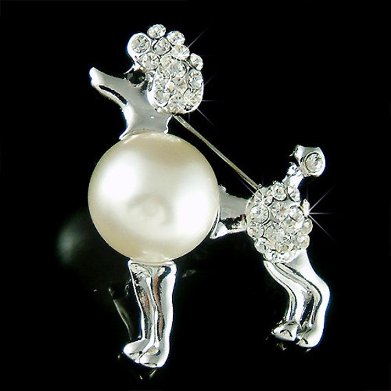 Swarovski Crystal Poodle Brooch, Pearl Puppy Pin, Pet Lover Gift