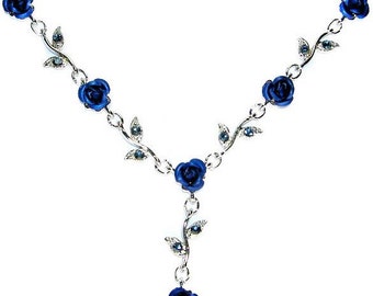 Swarovski Crystal Sapphire Royal Blue Rose Flower Floral Charm Pendant Chain Necklace Christmas Best Friend Bridal Bridesmaid Jewelry Gift