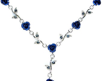 Swarovski Crystal Sapphire Royal Blue Rose Flower Floral Charm Pendant Chain Necklace Christmas Best Friend Bridal Bridesmaid Jewelry Gift