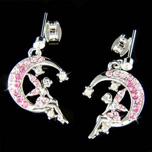 Swarovski Crystal Pink Fairy Earrings Angel Wings Crescent Moon Girls Women Christmas 16th 17th 18th 19th 20th 30th 40th Birthday Gifts new