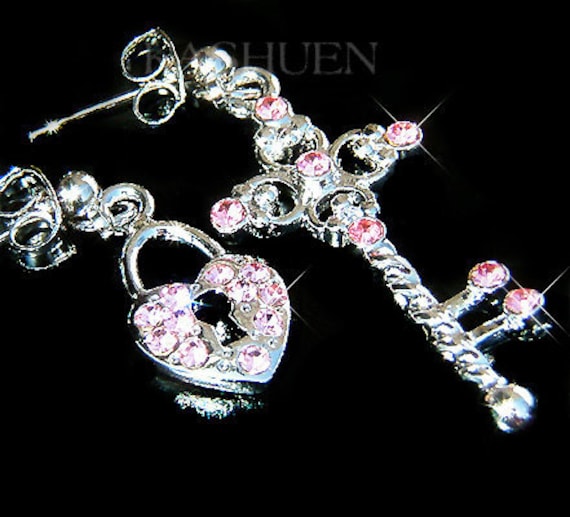 Swarovski Crystal Pink Cross Key Padlocks Heart Mismatched Love