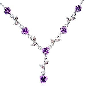 Swarovski Crystal Purple Rose Flower Floral Necklace Christmas Lady Bridal Bridesmaids Jewelry 25th 30th 35th 40th 45th 50th Birthday Gifts