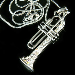 Swarovski Crystal TRUMPET Necklace Bach king Brass BB, Music Pendant Student Musical Instrument Musician Jewelry Birthday Christmas Gift New