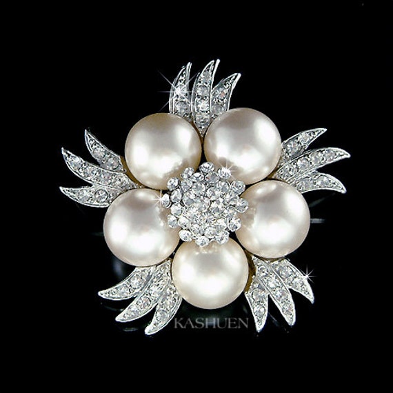 Swarovski Crystal Classy Elegant Pearl Flower Brooch Floral Pin Sash Bouquet Bridesmaids Wedding Jewelry 70th 80th Birthday Christmas Gift