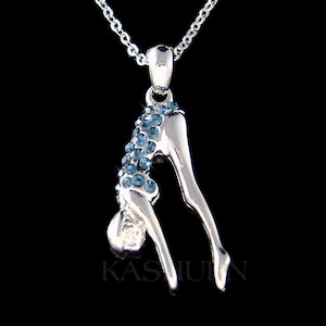Swarovski Crystal 3D Swimming Navy Blue Swimmer Sterling Silver Necklace Sports Diving Diver Jewelry Christmas 15th 16th 20th Birthday Gifts