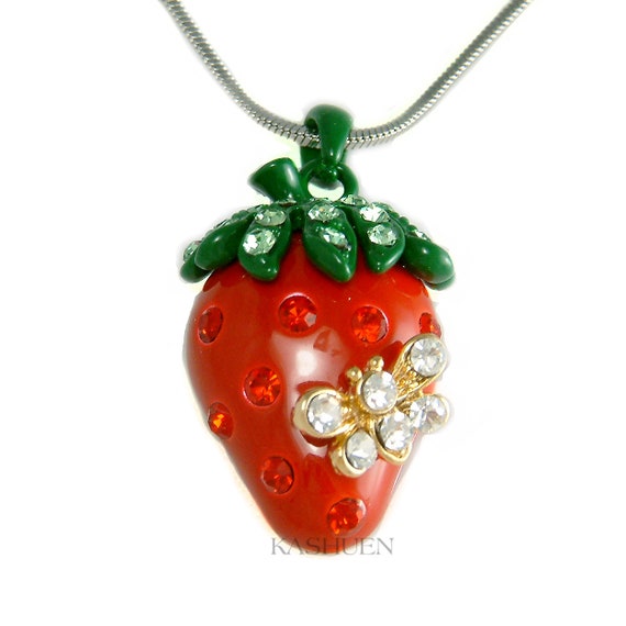 Swarovski Crystal 3D Juicy Red STRAWBERRY Fruit Bumble Bee Pendant