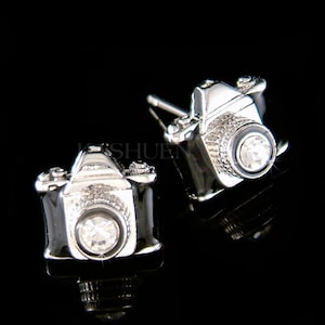 Swarovski Crystal Black Enamel Paint Vintage Look Camera Lens Photography Stud Earrings Jewelry Christmas Best Friend Photographer Gift New