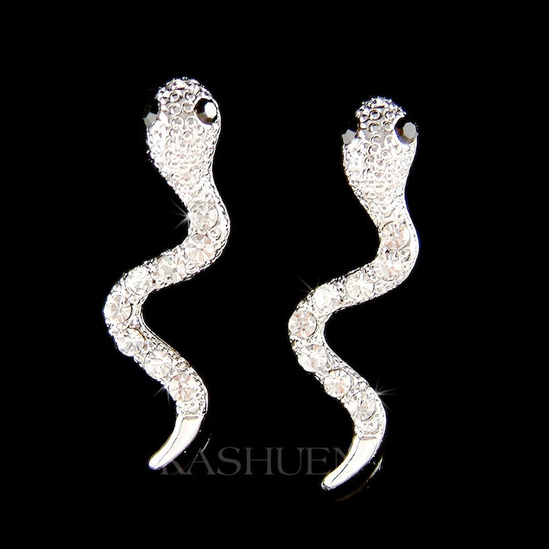 May include: A pair of silver snake earrings with clear rhinestones. The snakes are curled up and have black eyes.