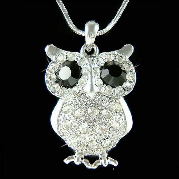 Black Swarovski Crystal Wise Teacher Cute OWL Bird Pendant Charm Chain  Necklace Jewelry Mother's Day Christmas Best Friend Nature Lover Gift