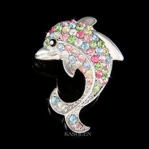 Swarovski Crystal Cute Rainbow Playful Dolphin Beach Wedding Marine Pin Brooch Jewelry Christmas Birthday Best Friends Christmas Gift New