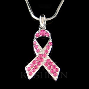 Swarovski Crystal Breast Cancer Awareness Pink Ribbon Necklace Gold Plated Keychain Jewelry Christmas Birthday Gift Hot Pink