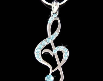 Baby Blue Swarovski Crystal TREBLE G CLEF Love Music Musical Note Heart Charm Chain Necklace Jewelry Best Friends Musician Christmas Gift