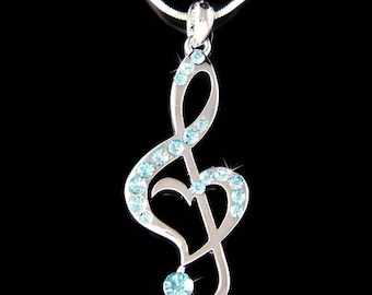 Baby Blue Swarovski Crystal TREBLE G CLEF Love Music Musical Note Heart Charm Chain Necklace Jewelry Best Friends Musician Christmas Gift