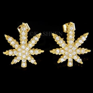 Swarovski Crystal Stoner Regalo Medicinal Marihuana Hoja Weed Cannabis Reefer Pot Platino Plateado Pendientes de Oro Adolescentes 420 Cannabidiol Hip Unisex
