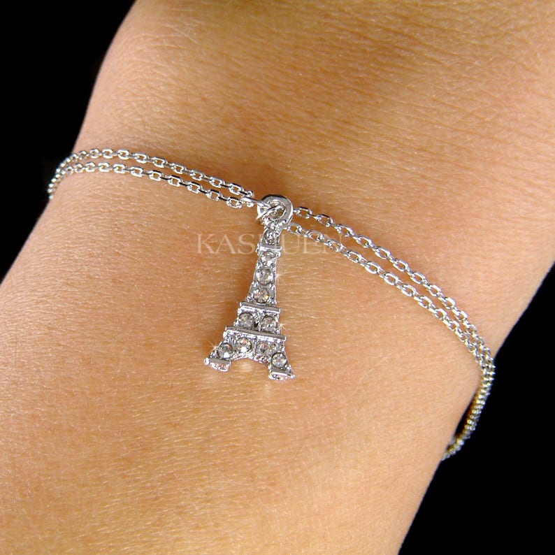 Swarovski Crystal Dainty Tiny Eiffel Tower Paris France Honeymoon Vacation Souvenir 2 chain Bracelet Wife Girlfriend Jewelry Christmas Gift image 1
