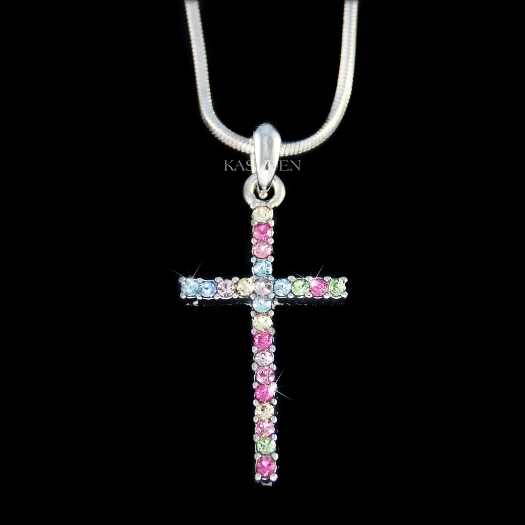 Swarovski Crystal Pink CROSS Necklace God Lord Jesus Christ Simple