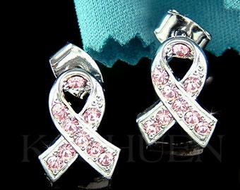 Swarovski Crystal Breast Cancer Earrings Pink Ribbon Awareness Stud Post Jewelry Family Support Wife Daughter Best Friend Christmas Gift New