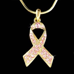 Swarovski Crystal Breast Cancer Awareness Pink Ribbon Necklace Gold Plated Keychain Jewelry Christmas Birthday Gift Gold