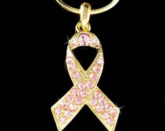Swarovski Crystal Breast Cancer Gold Awareness Pink Ribbon Necklace Support Family Members  Jewelry Mother Daughter Love 40th Birthday Gifts