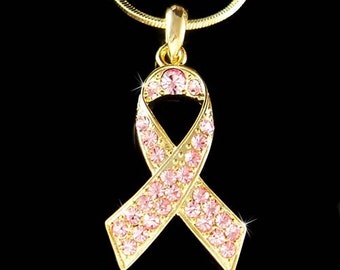 Swarovski Crystal Breast Cancer Awareness Pink Ribbon Necklace Gold Plated Keychain Jewelry Christmas Birthday Gift